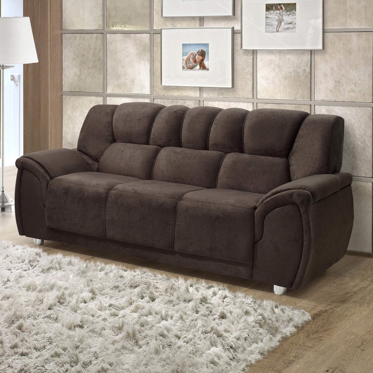 Sofá 3 Lugares Suede Amassado Cordoba Hellen Estofados Café