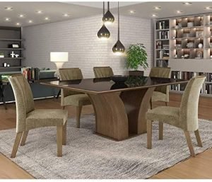 Conjunto Sala de Jantar Mesa Tampo MDF/Vidro 6 Cadeiras Leblon Tik Plus Siena Móveis Castanho/Tampo Preto